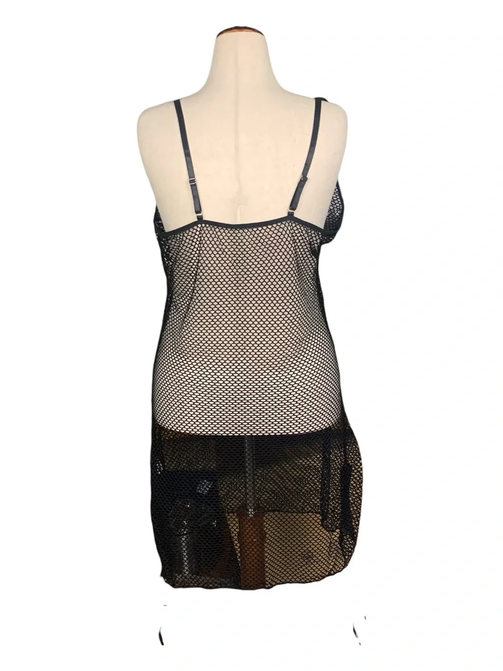 Black Open‎ Knit Mesh Tank Dress Cover-up Midi Draw Strings Beach Size 2XL